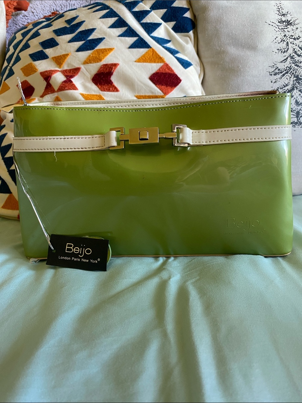 Beijo Lime Green Patent Clutch with Cream Trim